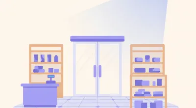 Ilustración de un sensor de movimiento PIR montado en la esquina alta de un local, con el ángulo de detección apuntando hacia la puerta de entrada