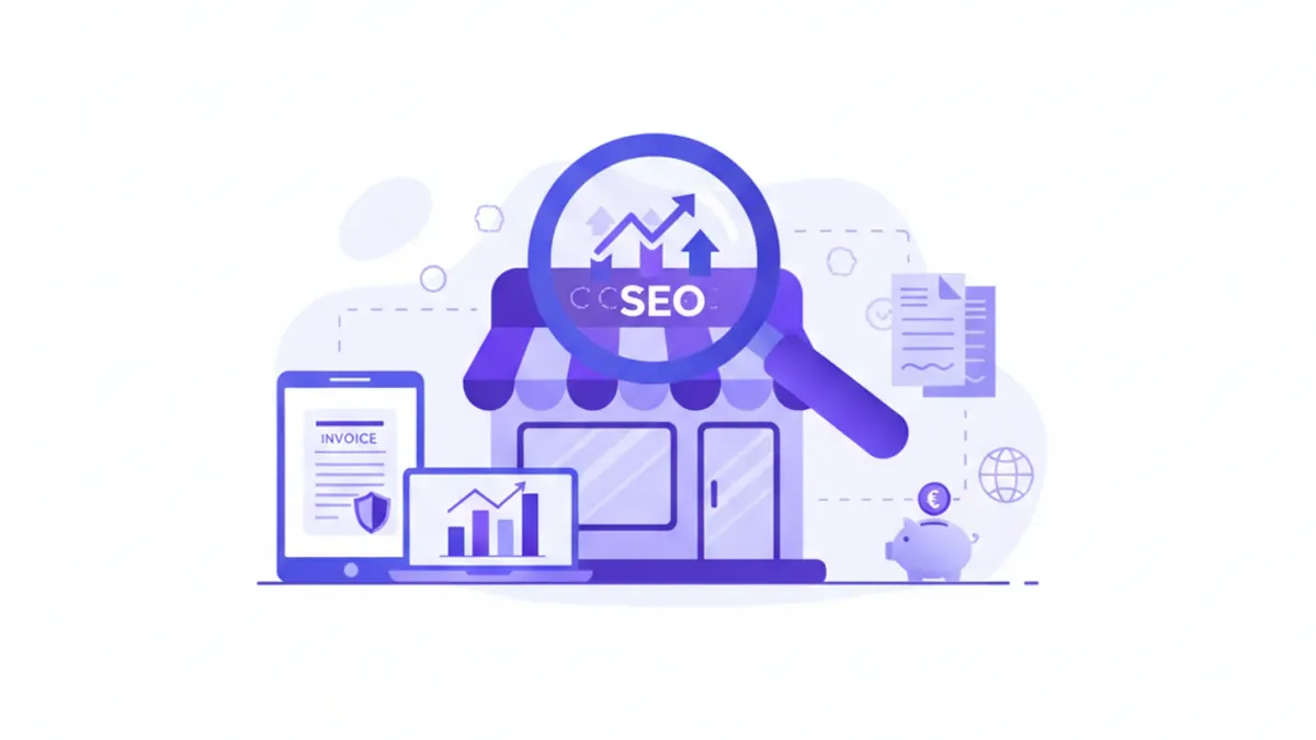 Ilustración vectorial de una tienda online con lupa de SEO en tonos violeta y azul
