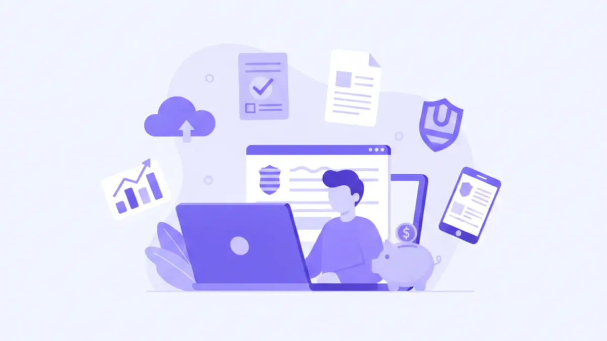 Ilustración flat de una persona usando el portal en línea de DGI Uruguay con íconos de documentos fiscales, facturas electrónicas y certificados digitales en colores violeta y azul