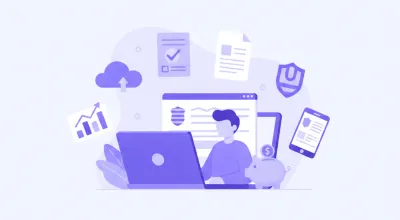 Ilustración flat de una persona usando el portal en línea de DGI Uruguay con íconos de documentos fiscales, facturas electrónicas y certificados digitales en colores violeta y azul