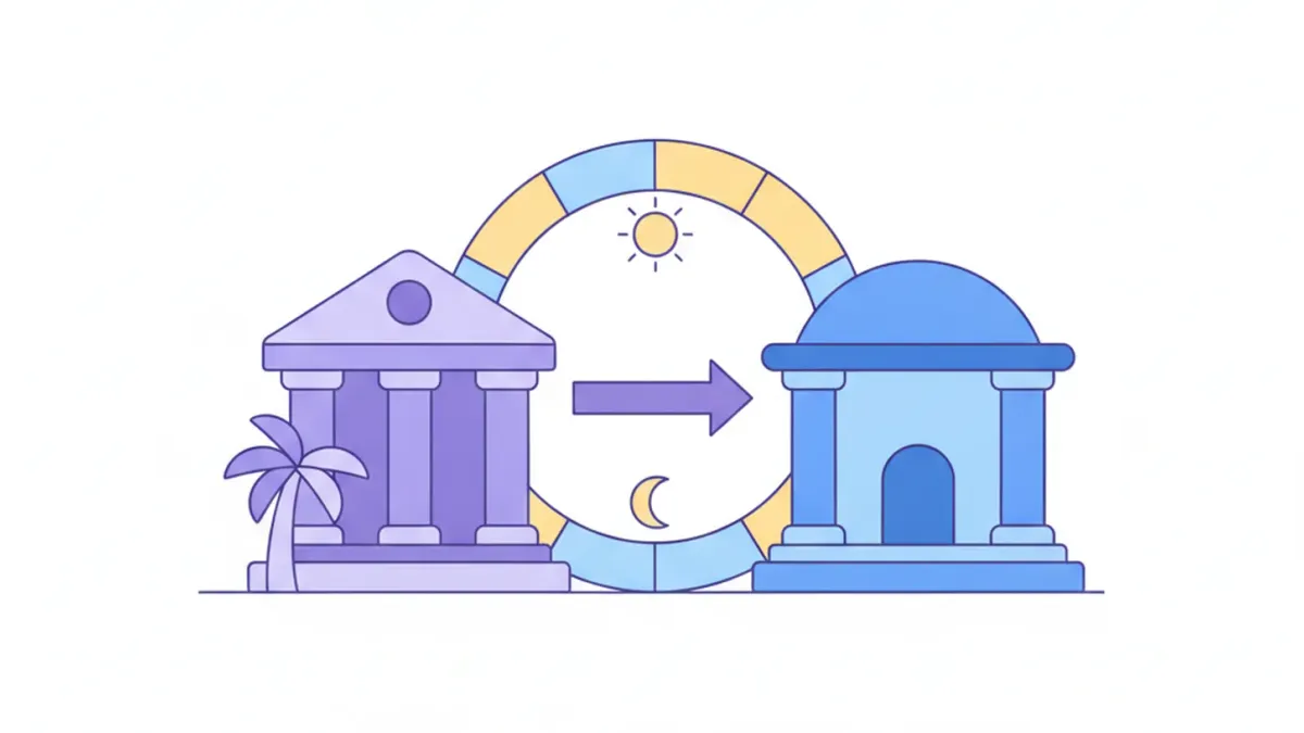 Ilustración de dos bancos conectados por una flecha de transferencia y un reloj de 24 horas