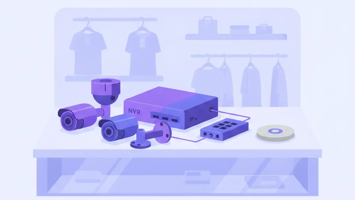 Ilustración de un kit completo de cámaras de seguridad para un comercio: cámaras, grabador NVR, switch de red y disco duro