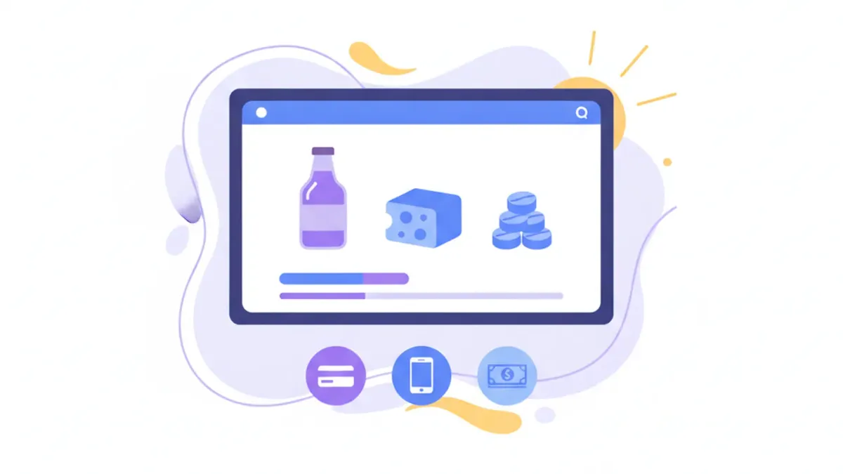 Ilustración de una pantalla de punto de venta con productos, totales y medios de pago