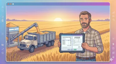Productor agropecuario en su campo argentino revisando facturación, liquidación de granos y carta de porte en una tablet rugged