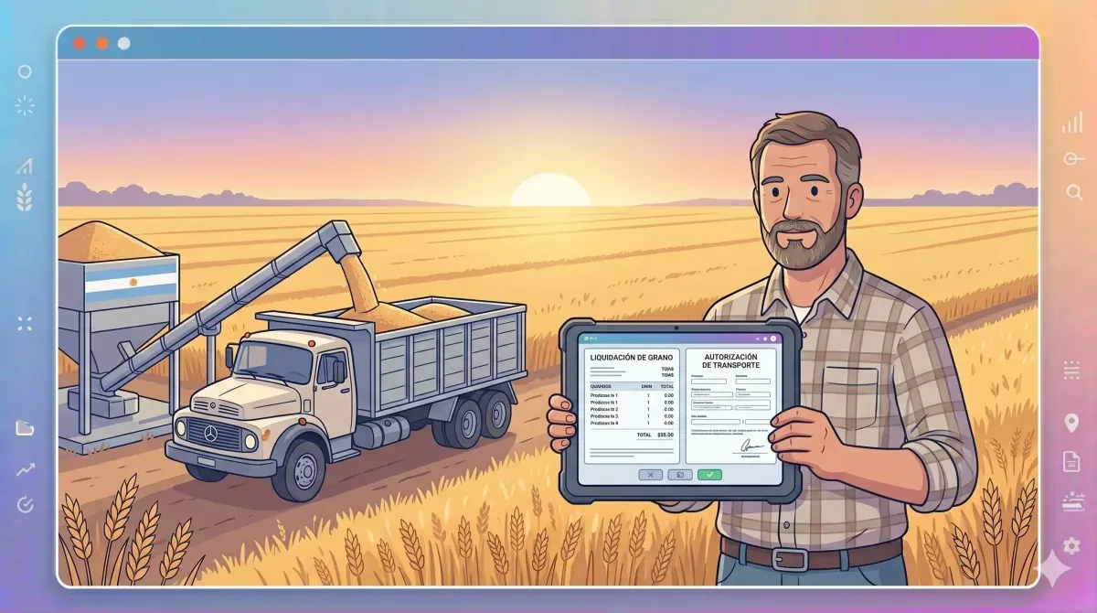 Productor agropecuario en su campo argentino revisando facturación, liquidación de granos y carta de porte en una tablet rugged