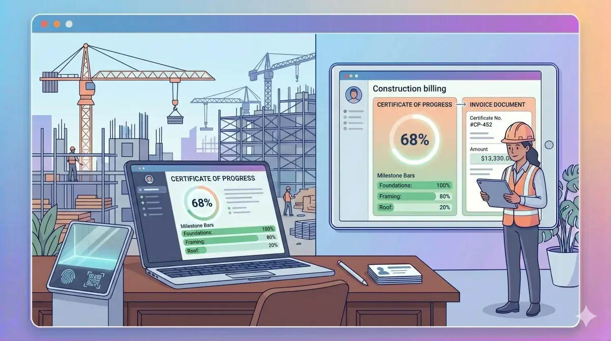 Obra en construcción con notebook a un costado mostrando un certificado de avance de obra y la factura correspondiente