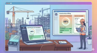 Obra en construcción con notebook a un costado mostrando un certificado de avance de obra y la factura correspondiente