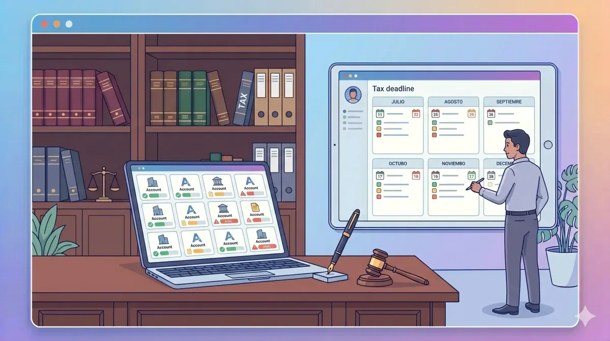 Contador con dashboard mostrando los estados fiscales de 30 clientes simultáneamente con alertas de vencimientos próximos