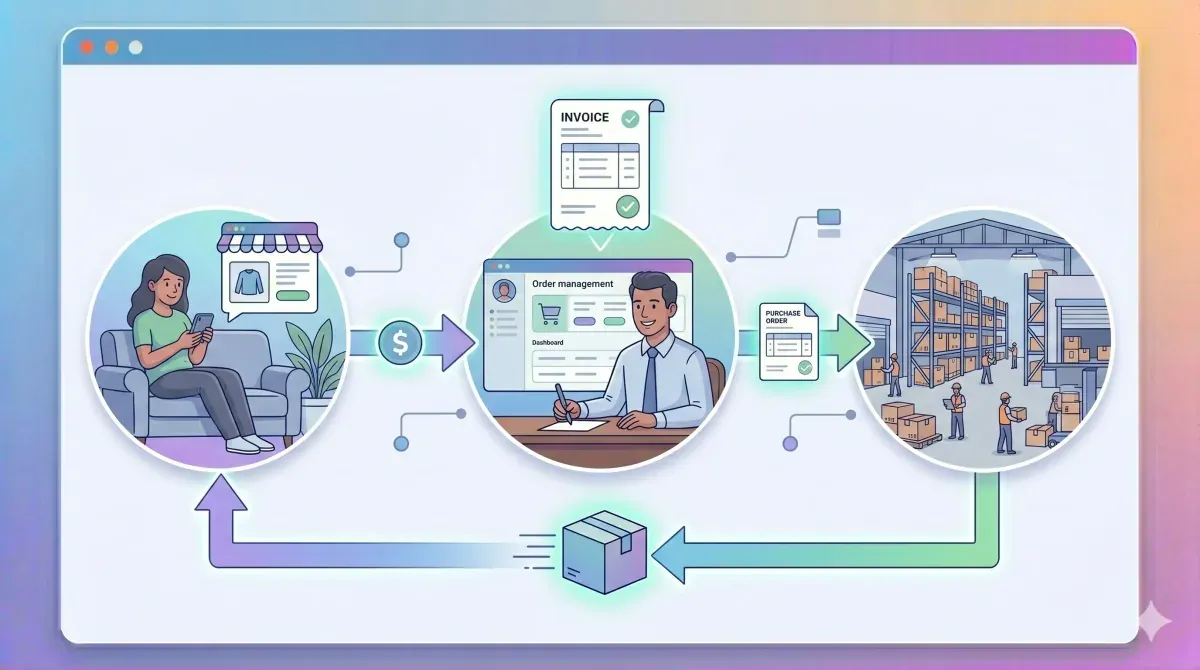 Diagrama de dropshipping con cliente argentino comprando online, proveedor del exterior enviando directo y comerciante facturando sin tocar el producto