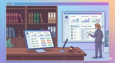 Estudio jurídico moderno con notebook mostrando expedientes vigentes, agenda de audiencias y panel de honorarios facturados