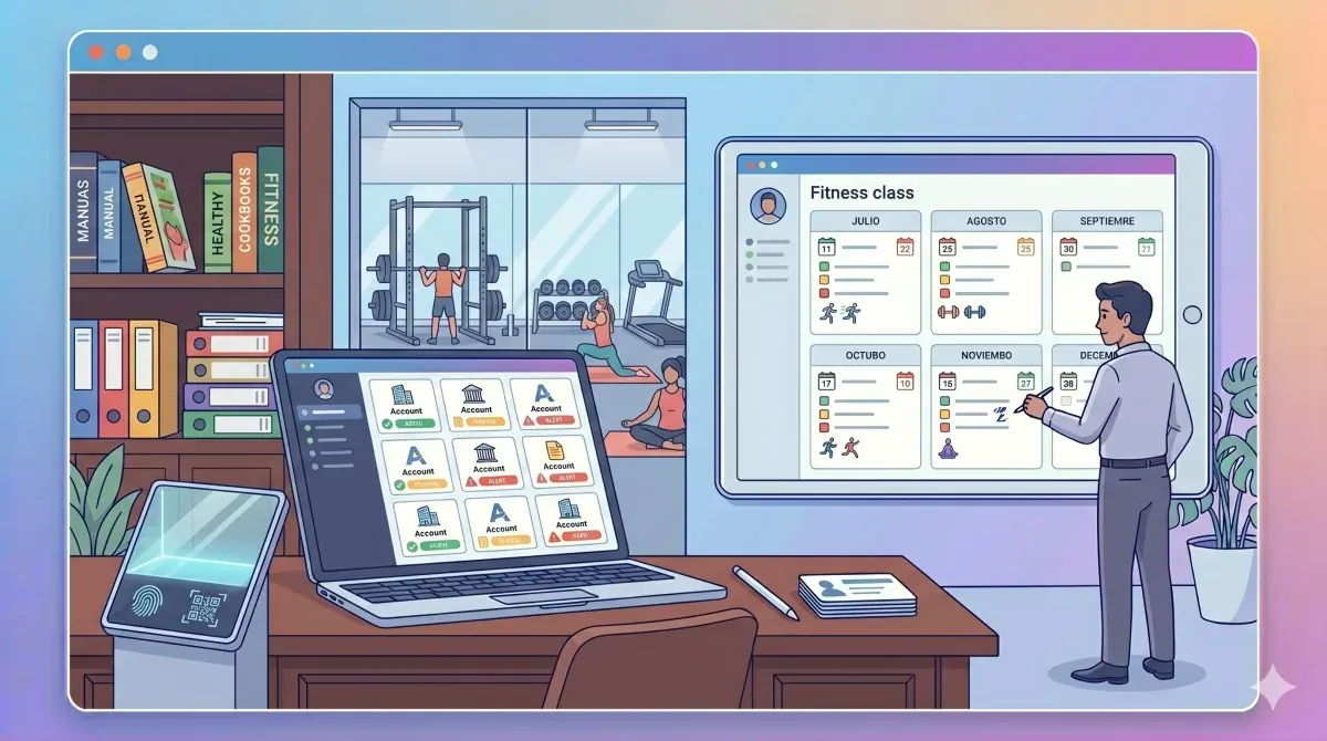 Pantalla con lista de socios activos, control de accesos por huella digital y panel de cuotas mensuales pendientes
