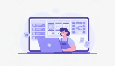 Dueña de un comercio frente a una laptop con una lista de clientes, recordatorios de seguimiento en calendarios y un tablero de oportunidades de venta