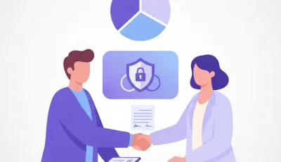 Dos socios dándose la mano frente a un gráfico circular dividido en tres partes y un escudo con candado que representa la responsabilidad limitada