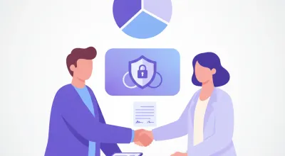 Dos socios dándose la mano frente a un gráfico circular dividido en tres partes y un escudo con candado que representa la responsabilidad limitada