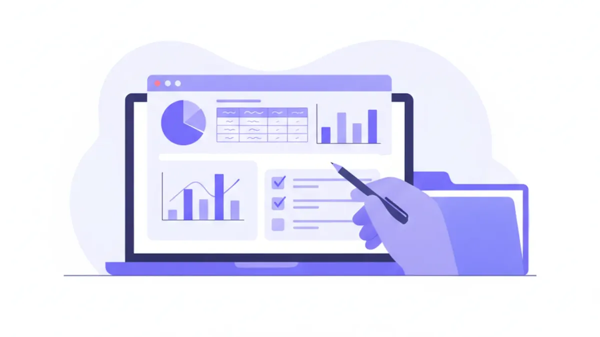 Computador portátil con un panel de contabilidad que muestra un gráfico circular, una tabla, gráficos de barras y una lista de verificación, con una mano señalando con un lápiz