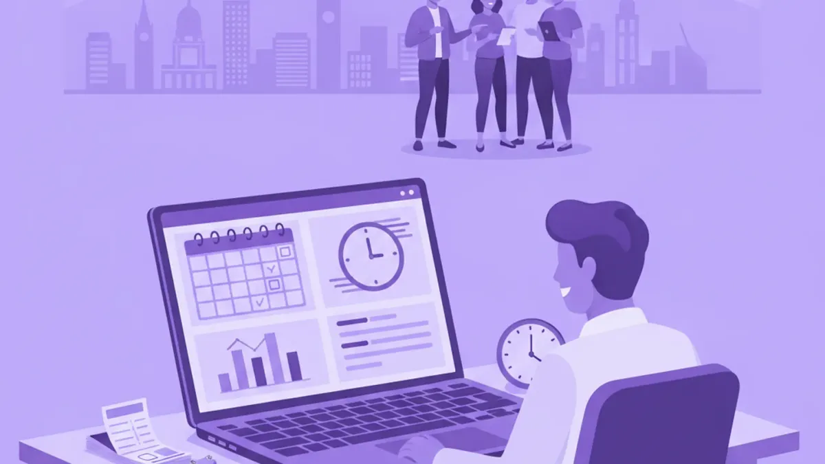 Persona frente a un notebook con calendario, reloj y gráfico de barras, con un equipo de cuatro personas y la silueta de una ciudad al fondo