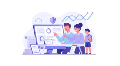 Ilustración vectorial de una familia revisando su saldo INFONAVIT en una computadora