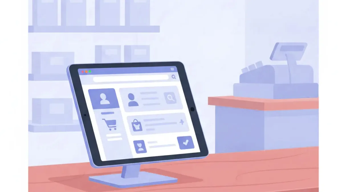 Ilustración de una terminal Android Sunmi con impresora térmica integrada apoyada sobre el mostrador de un comercio chico