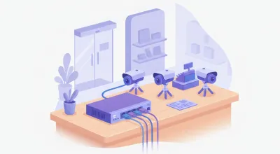 Ilustración de un switch PoE de escritorio alimentando varias cámaras de seguridad conectadas por cable de red en el mostrador de un comercio