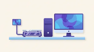Ilustración de una balanza Systel Croma con mástil sobre el mostrador de un almacén, conectada por cable a una PC