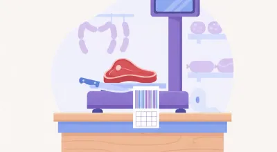 Ilustración de una balanza Systel Cuora Max imprimiendo una etiqueta autoadhesiva con código en el mostrador de una carnicería