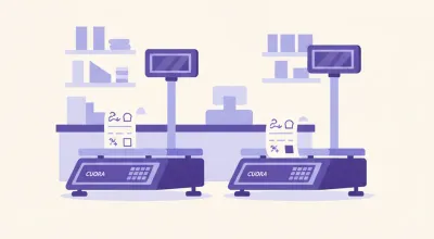 Ilustración comparando dos balanzas de la línea Systel Cuora, una imprimiendo ticket y otra imprimiendo etiqueta, en un mostrador