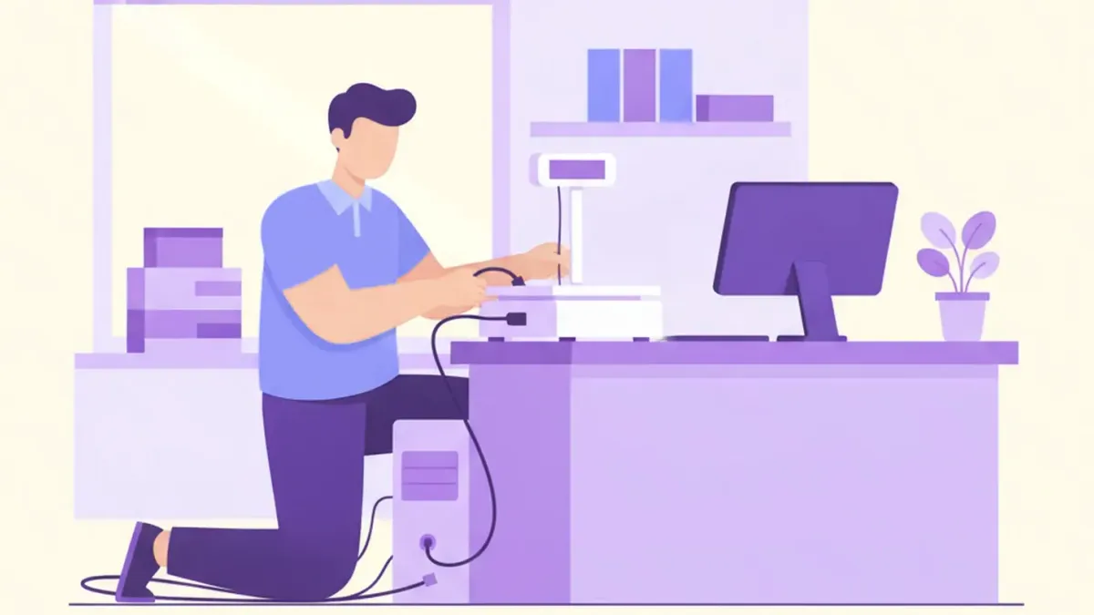 Ilustración comparando dos balanzas de la línea Systel Cuora, una imprimiendo ticket y otra imprimiendo etiqueta, en un mostrador