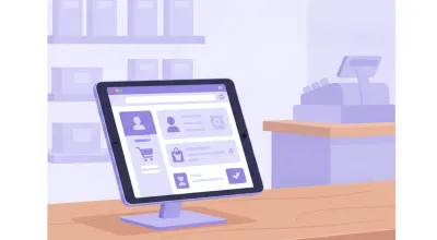 Ilustración de una tablet Android parada en un soporte sobre el mostrador de un comercio chico, mostrando el sistema de punto de venta en el navegador