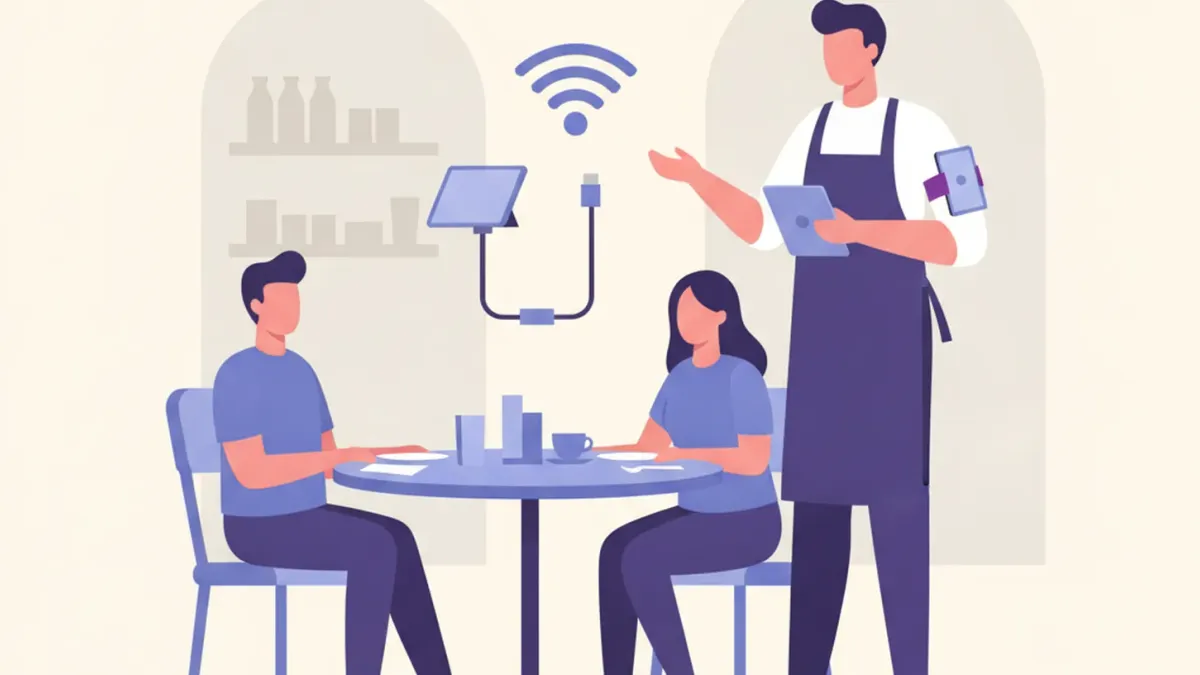 Ilustración de un mozo tomando un pedido con una tablet sujeta con correa al brazo, junto a una mesa de restaurante con comensales