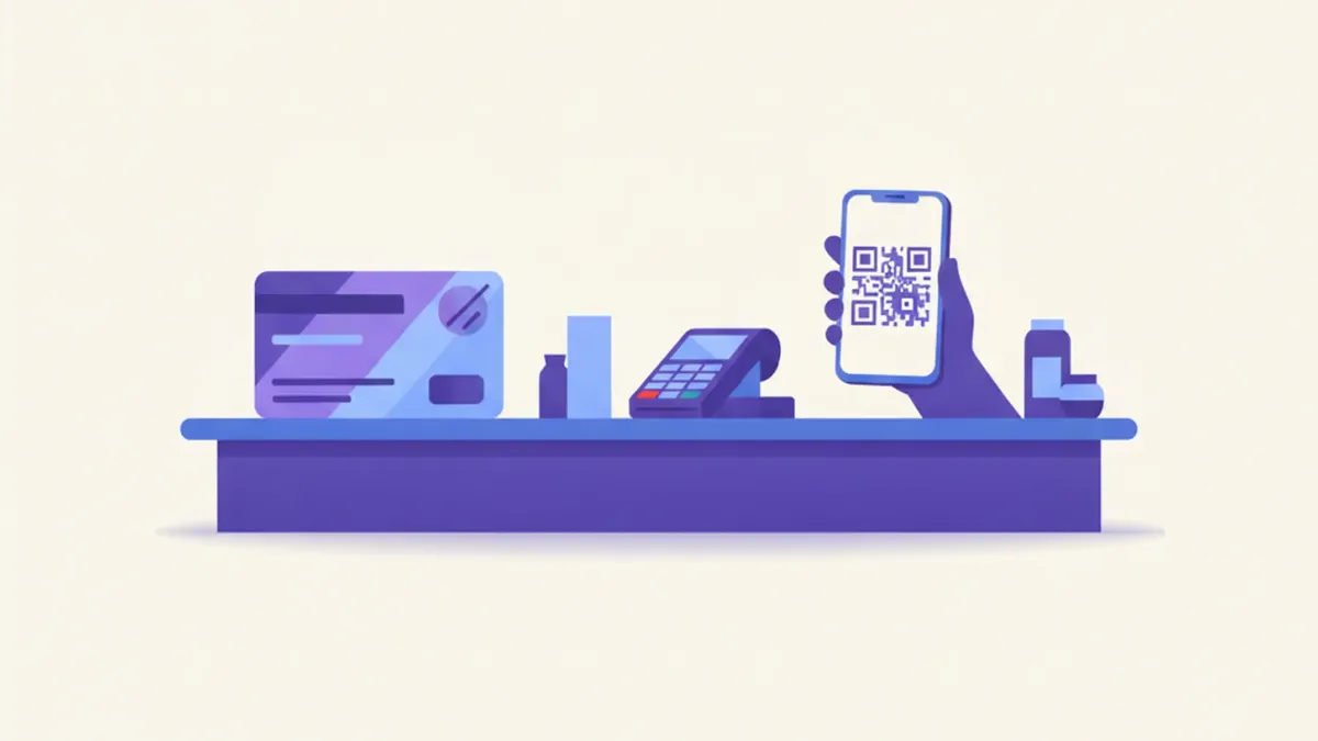 Ilustración de un mostrador con una tarjeta de fidelización plástica de un lado y un código QR en un celular del otro