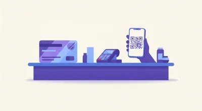 Ilustración de un mostrador con una tarjeta de fidelización plástica de un lado y un código QR en un celular del otro