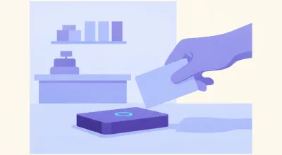 Ilustración de una mano acercando una tarjeta RFID a un lector sobre el mostrador de un comercio