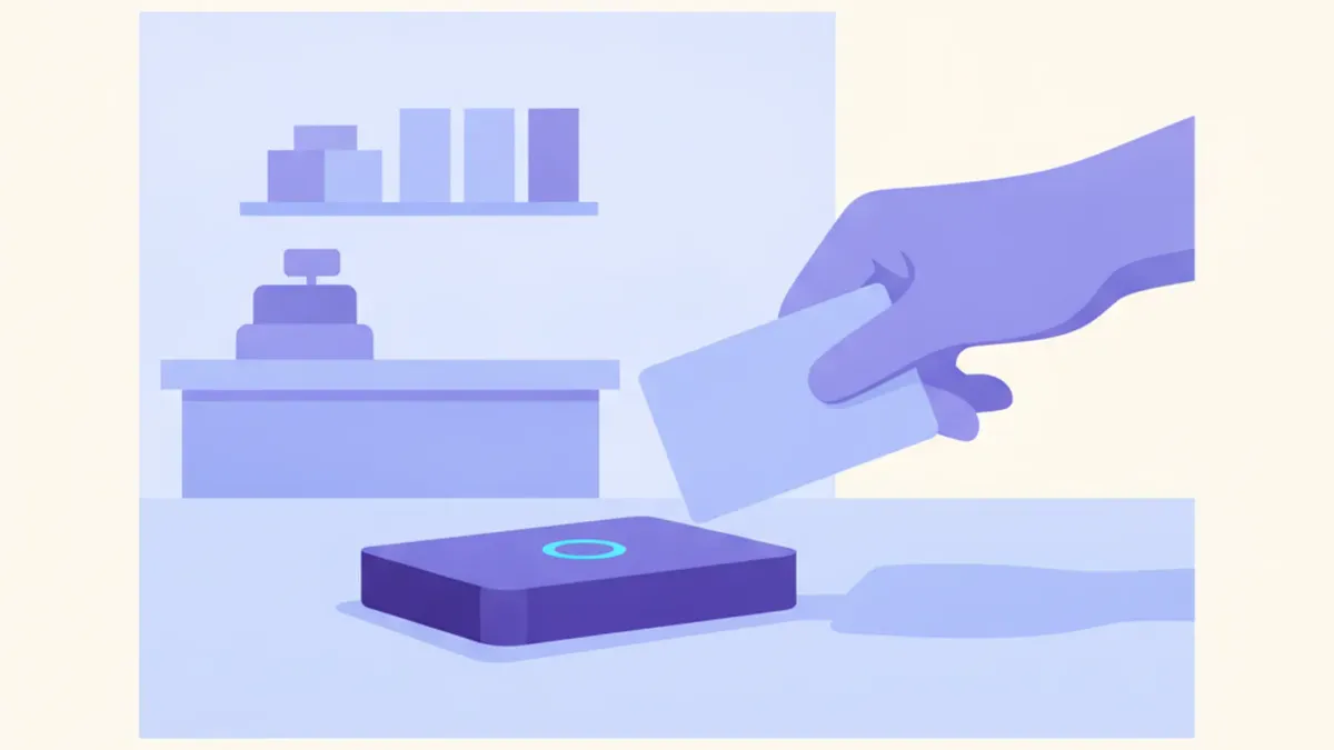 Ilustración de una mano acercando una tarjeta RFID a un lector sobre el mostrador de un comercio