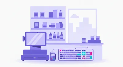 Ilustración de un teclado programable de punto de venta con teclas de colores personalizadas junto a la caja registradora de un local