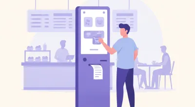 Ilustración de una terminal de autoservicio de pie en un local de comidas, con una pantalla táctil y una impresora de tickets integrada, mientras un cliente arma su pedido