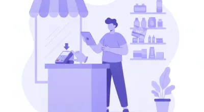 Ilustración de un monotributista dando de alta una terminal de pago en el mostrador de su comercio con el CUIT a mano