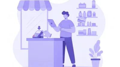 Ilustración de un monotributista dando de alta una terminal de pago en el mostrador de su comercio con el CUIT a mano