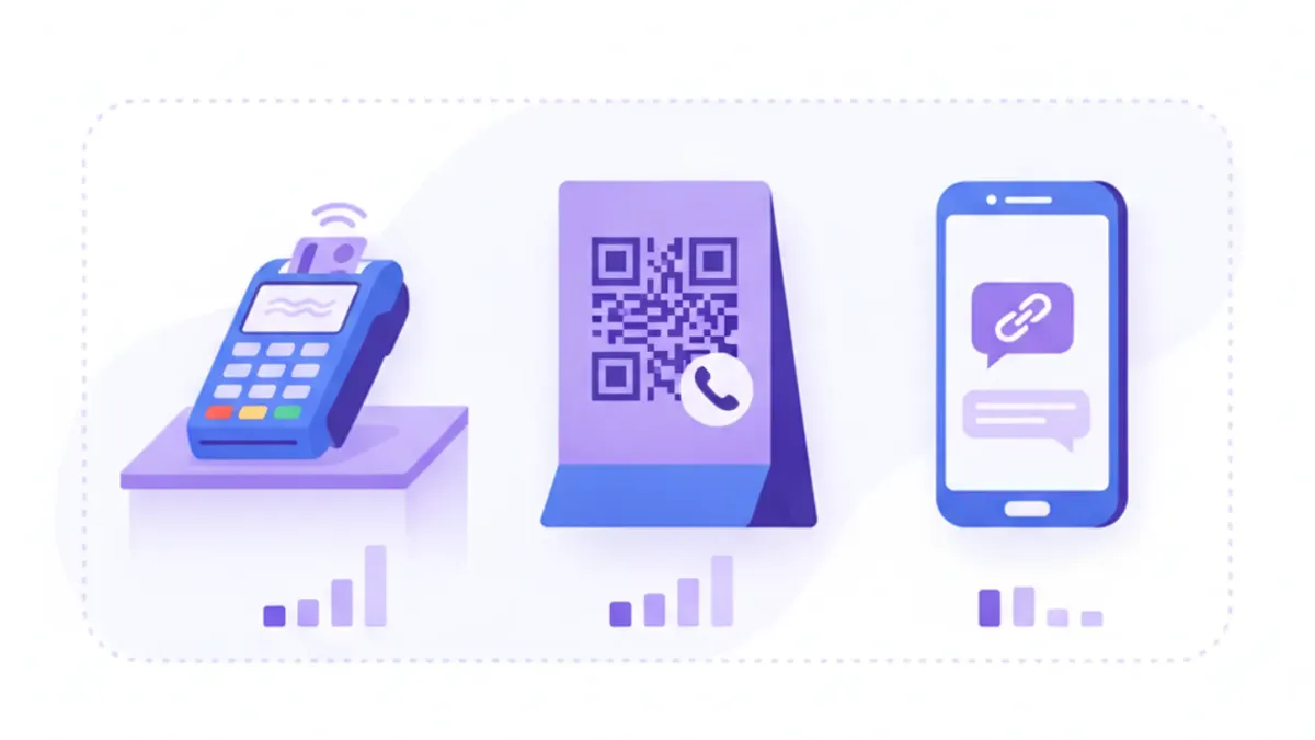 Ilustración comparativa de una terminal de pago física, un cartel de código QR y un celular mostrando un link de pago por WhatsApp