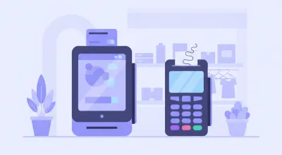 Ilustración de una terminal Payway Smart y una terminal Payway Classic sobre el mostrador de un comercio