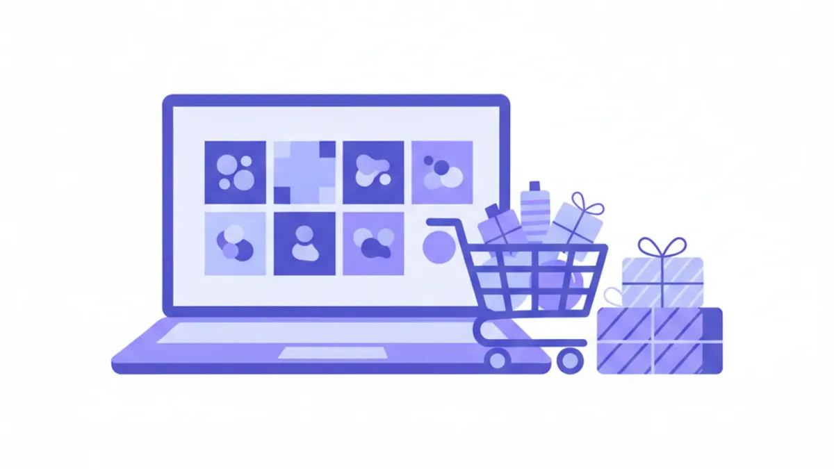 Ilustración de una laptop con una tienda online, un carrito y cajas listas para enviar