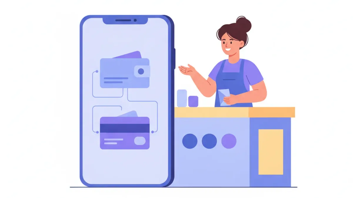 Ilustración de un celular con una billetera digital y una vendedora detrás del mostrador