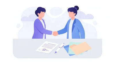 Dos personas de negocios estrechándose la mano sobre un escritorio donde hay un documento firmado, una pluma y carpetas de colores sin marcas