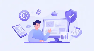 Ilustración vectorial de una persona frente a una pantalla con iconos de impuestos y el logo de YoFacturo