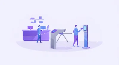 Ilustración de la recepción de un gimnasio con un molinete de trípode junto a un lector de acceso sobre un pedestal