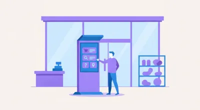 Ilustración de un tótem digital de pie con pantalla táctil en la entrada de un local, mostrando un menú de opciones para que el cliente elija