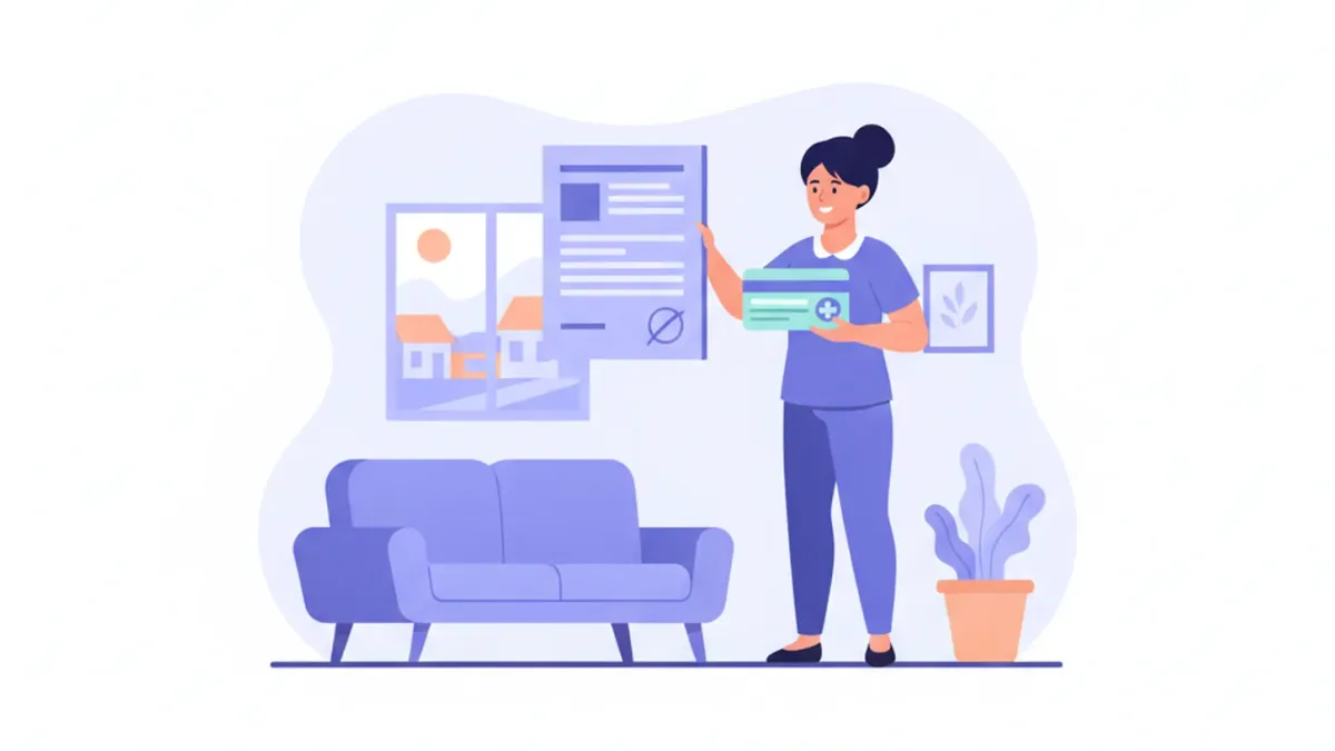 Ilustración de una trabajadora doméstica en una casa con un contrato y una tarjeta de salud