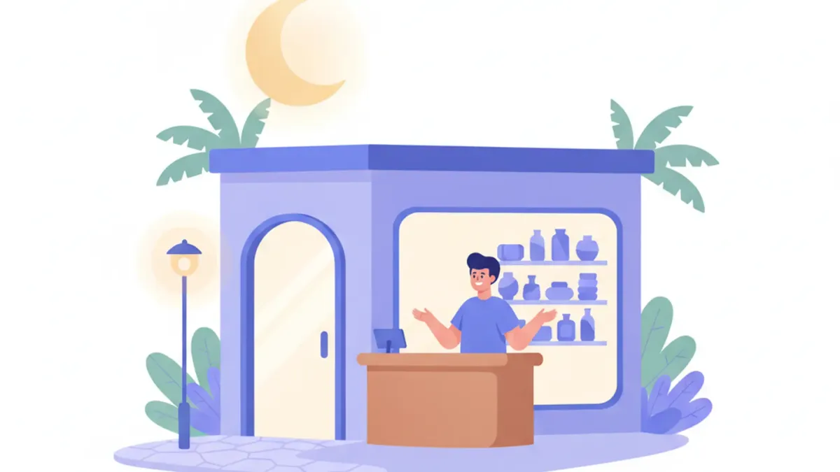 Ilustración de una luna sobre un comercio abierto con un empleado en el mostrador