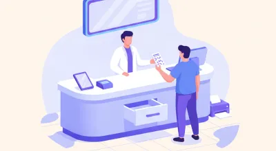Ilustración de un mostrador de farmacia con una pantalla de turnos en la pared y un cliente sosteniendo un ticket numerado frente al despacho