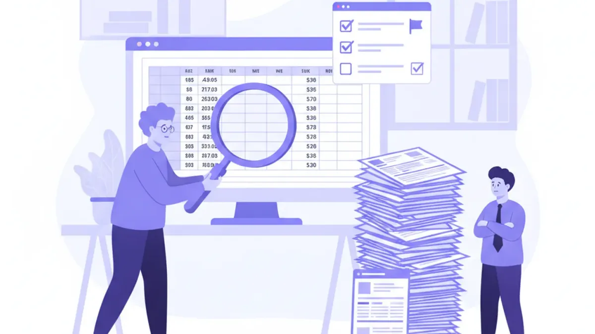 Auditor con una lupa revisando una planilla de aportes en un monitor, junto a una pila de formularios y una lista de verificación