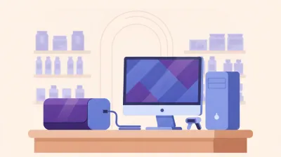 Ilustración de una UPS de escritorio junto a la PC y el monitor de un mostrador de comercio, con un cable de red al lado